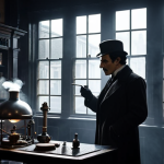 A foggy Victorian London street scene with 221B Baker Street in the background. Sherlock Holmes is silhouetted in the window, contemplating a case. Chemical equipment is visible on a table inside.