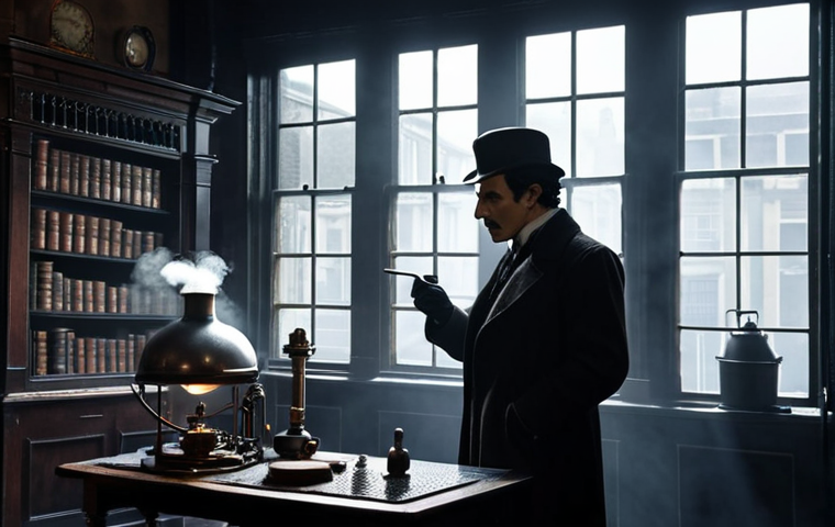 A foggy Victorian London street scene with 221B Baker Street in the background. Sherlock Holmes is silhouetted in the window, contemplating a case. Chemical equipment is visible on a table inside.