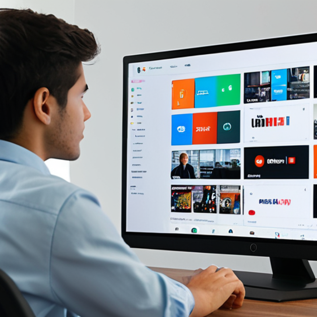 A professional young adult in a modest business casual outfit, sitting at a sleek desk, looking at a large transparent digital screen. The screen initially shows a chaotic display of numerous scattered streaming service logos and search bars, conveying frustration. In the next moment, the screen transitions to a unified, clean interface with a single search bar, clearly showing a comprehensive search result for content, reflecting a sense of ease and efficiency. The background is a modern, minimalist office space with soft ambient lighting. Perfect anatomy, correct proportions, natural pose, well-formed hands, proper finger count, natural body proportions, professional photography, high quality, safe for work, appropriate content, fully clothed, professional dress.
