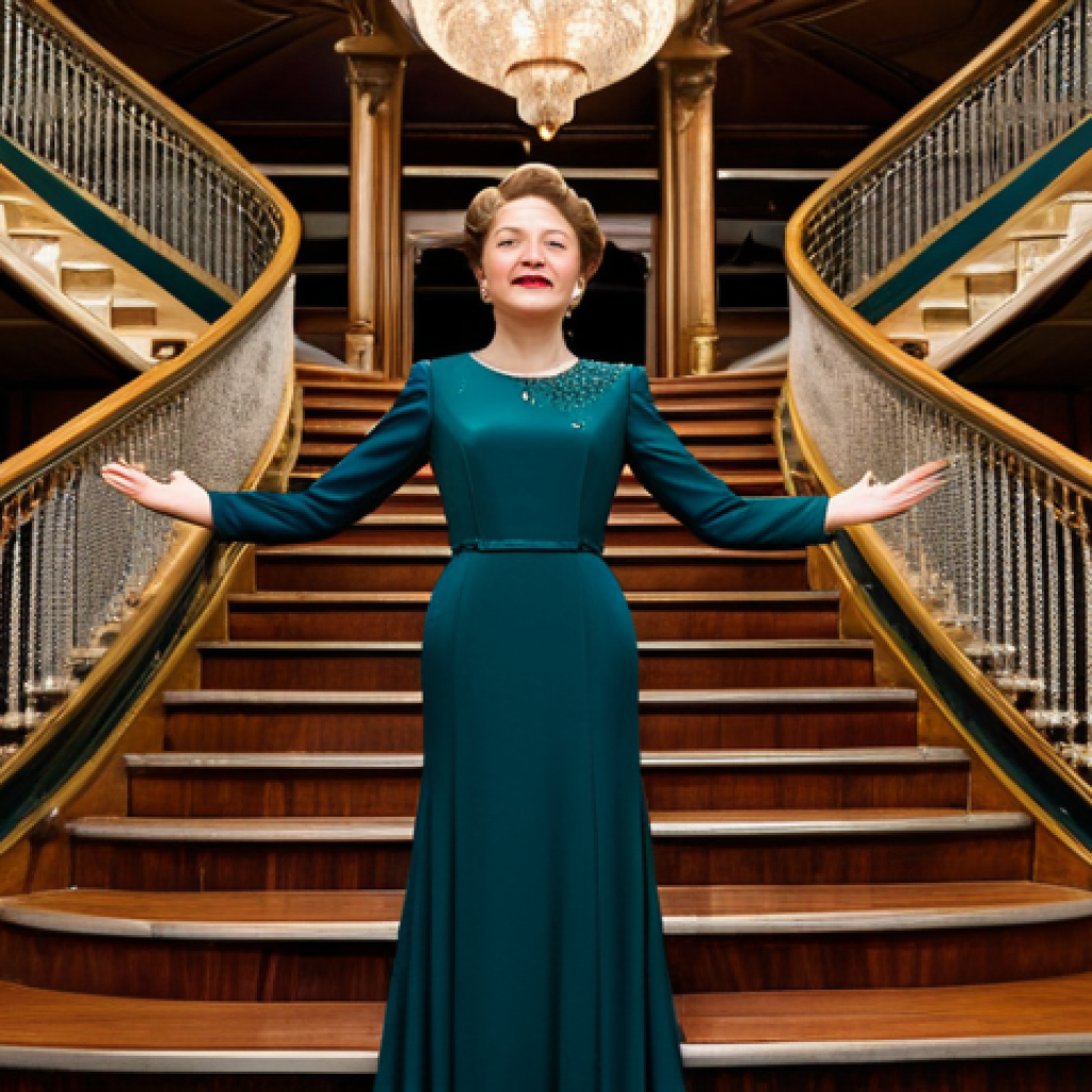 An elegant woman in a refined, modest, dark teal evening gown with a high neckline and long sleeves, standing gracefully at the top of a grand, ornate wooden staircase inside a luxurious early 20th-century ocean liner. Sparkling crystal chandeliers illuminate the opulent setting. Professional photography, cinematic lighting, historically accurate details, perfect anatomy, correct proportions, natural pose, well-formed hands, proper finger count, natural body proportions, safe for work, appropriate content, fully clothed, professional dress, family-friendly.