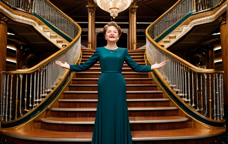 An elegant woman in a refined, modest, dark teal evening gown with a high neckline and long sleeves, standing gracefully at the top of a grand, ornate wooden staircase inside a luxurious early 20th-century ocean liner. Sparkling crystal chandeliers illuminate the opulent setting. Professional photography, cinematic lighting, historically accurate details, perfect anatomy, correct proportions, natural pose, well-formed hands, proper finger count, natural body proportions, safe for work, appropriate content, fully clothed, professional dress, family-friendly.