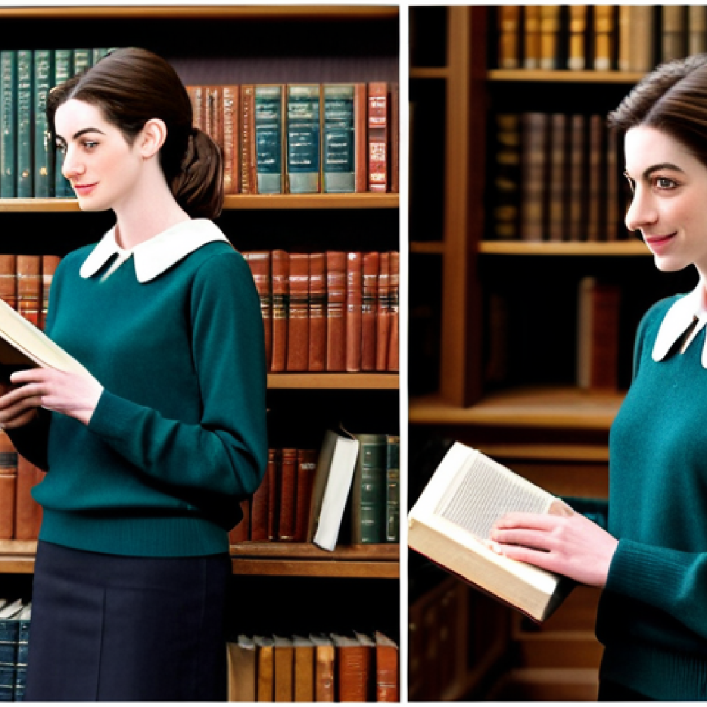 **
"A professional photo of Anne Hathaway, fully clothed in a modest academic outfit (blouse, sweater, slacks), standing in a detailed university library setting, bookshelves and reading tables visible, perfect anatomy, correct proportions, natural pose, safe for work, appropriate content, professional, family-friendly."
**