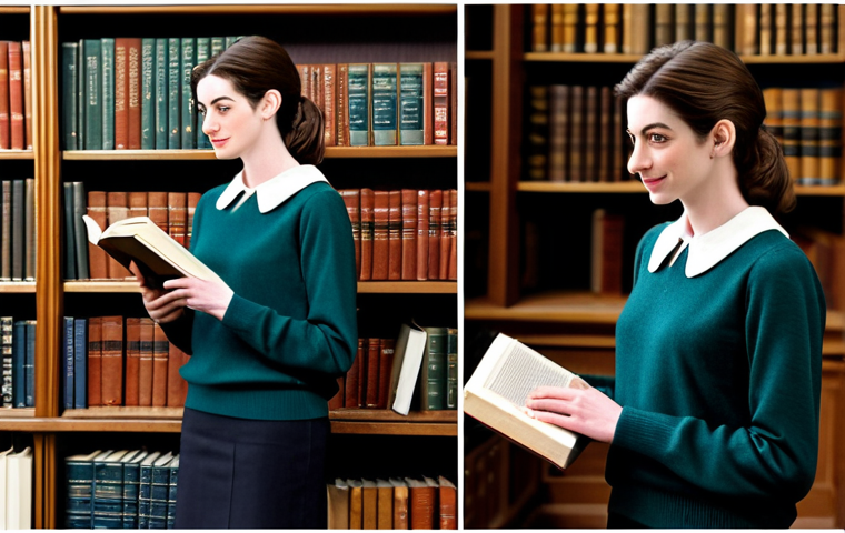 **
"A professional photo of Anne Hathaway, fully clothed in a modest academic outfit (blouse, sweater, slacks), standing in a detailed university library setting, bookshelves and reading tables visible, perfect anatomy, correct proportions, natural pose, safe for work, appropriate content, professional, family-friendly."
**