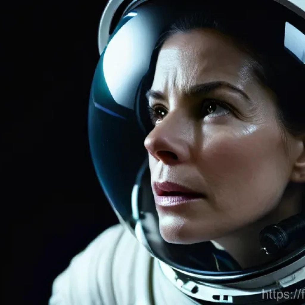 그래비티 제작 비하인드 - **A highly detailed shot of a female astronaut, resembling Sandra Bullock's character Dr. Ryan Stone...