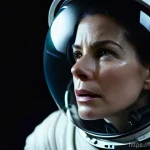 그래비티 제작 비하인드 - **A highly detailed shot of a female astronaut, resembling Sandra Bullock's character Dr. Ryan Stone...