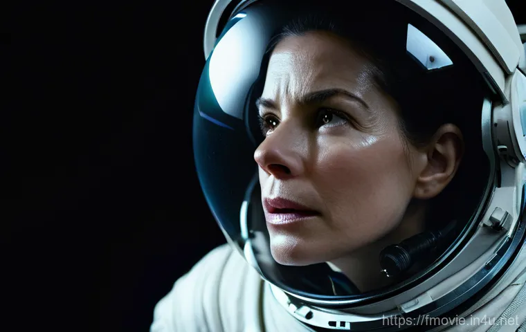 그래비티 제작 비하인드 - **A highly detailed shot of a female astronaut, resembling Sandra Bullock's character Dr. Ryan Stone...
