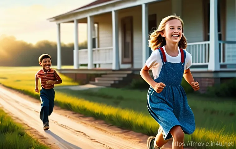 포레스트 검프 영화 소개 - A vibrant illustration depicting a young Forrest Gump, around 8-10 years old, wearing his leg braces...