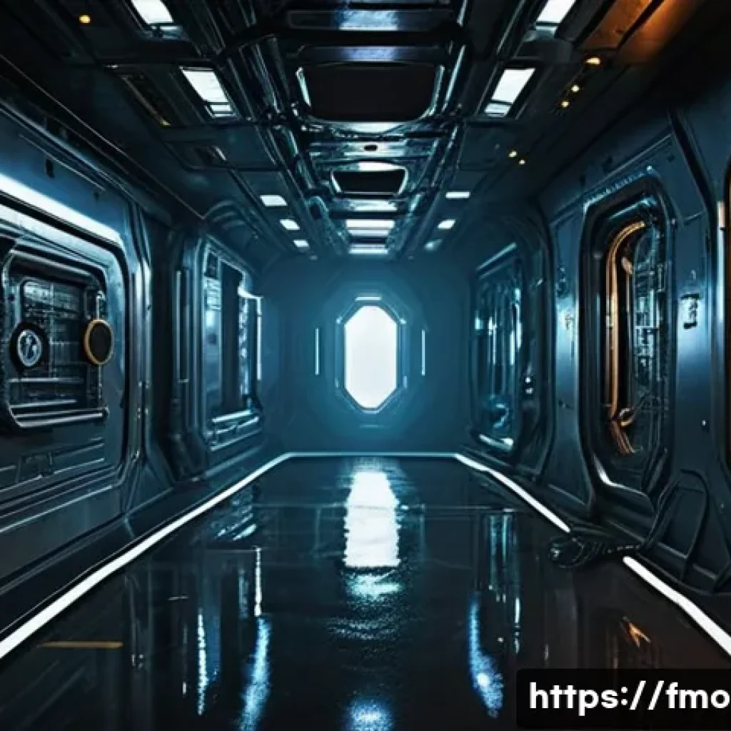 리들리 스콧 영화 세계관 - **Alien-inspired dystopian spaceship interior:** A dimly lit, metallic spaceship corridor with compl...