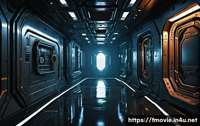 리들리 스콧 영화 세계관 - **Alien-inspired dystopian spaceship interior:** A dimly lit, metallic spaceship corridor with compl...