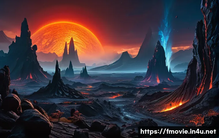 아바타 영화 소개 - A majestic, wide shot of a new, volcanic region on Pandora. The landscape is dominated by towering, ...